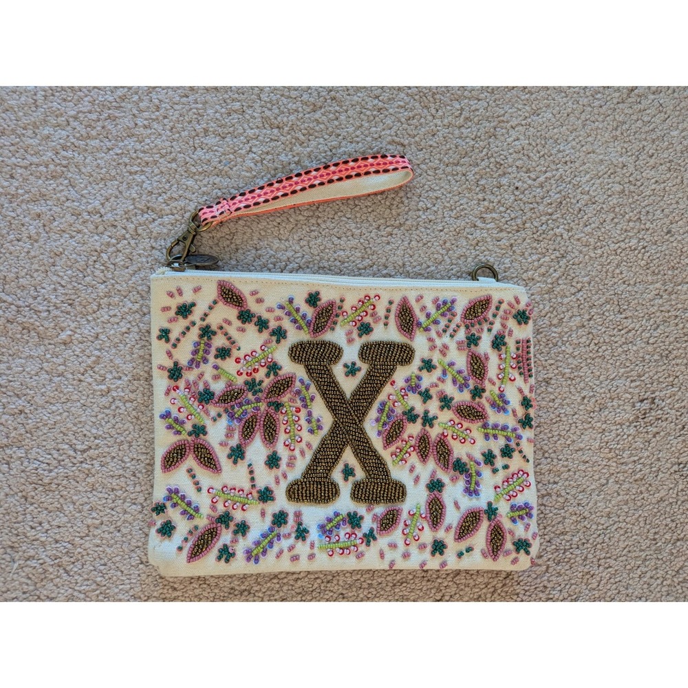 America & Beyond Beaded Monogram Wristlet Pouch Clutch Letter X Floral‎ Canvas